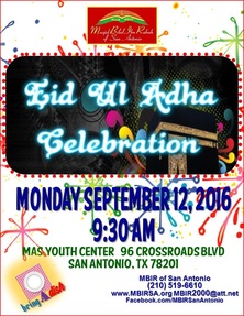 Eid ul Adha celebration Monday sept 12 9:30 AM Mas Youth center